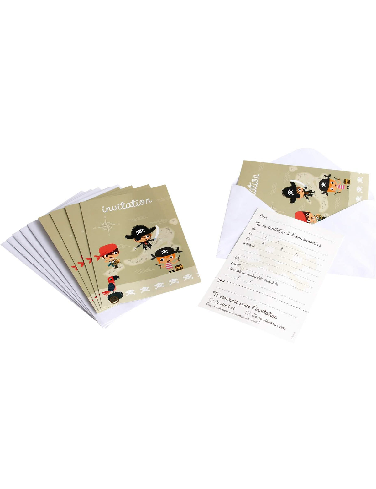 Cartões de convite com envelopes pirata para criança bege com ilustrações de piratas