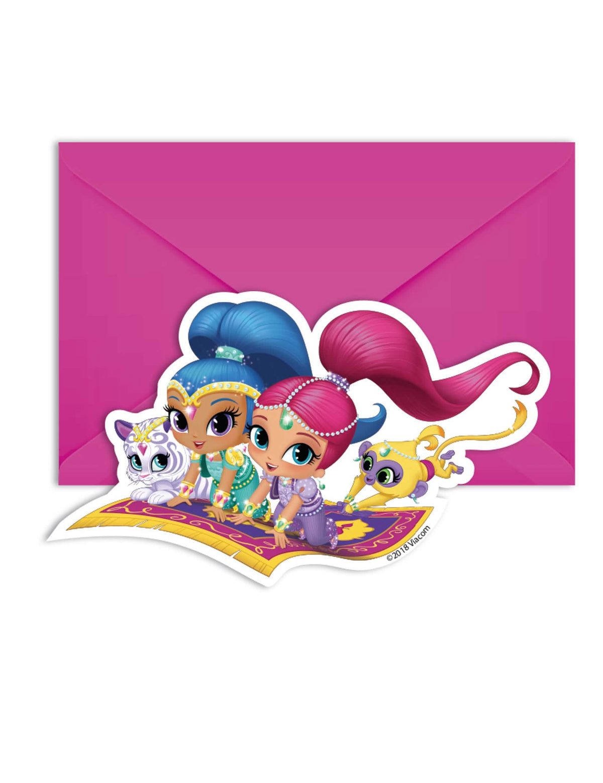 Cartões de convite e envelopes Shimmer and Shine para criança cor de rosa com personagens num tapete voador