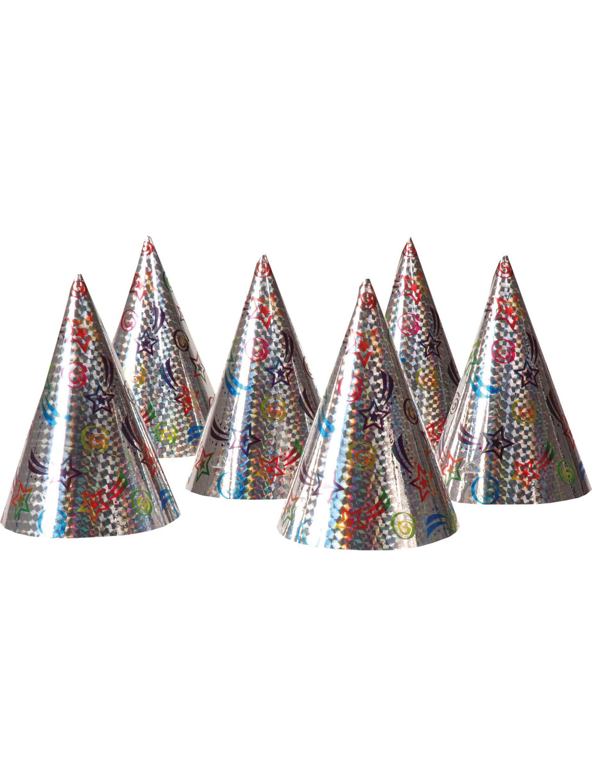 chapéus de festa holográficos estrelas para criança e adulto prateados com motivos coloridos