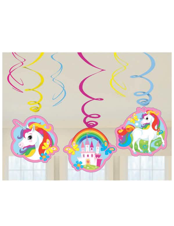 Decorações para pendurar em espiral unicórnio multicores com motivos de castelo e arco-íris