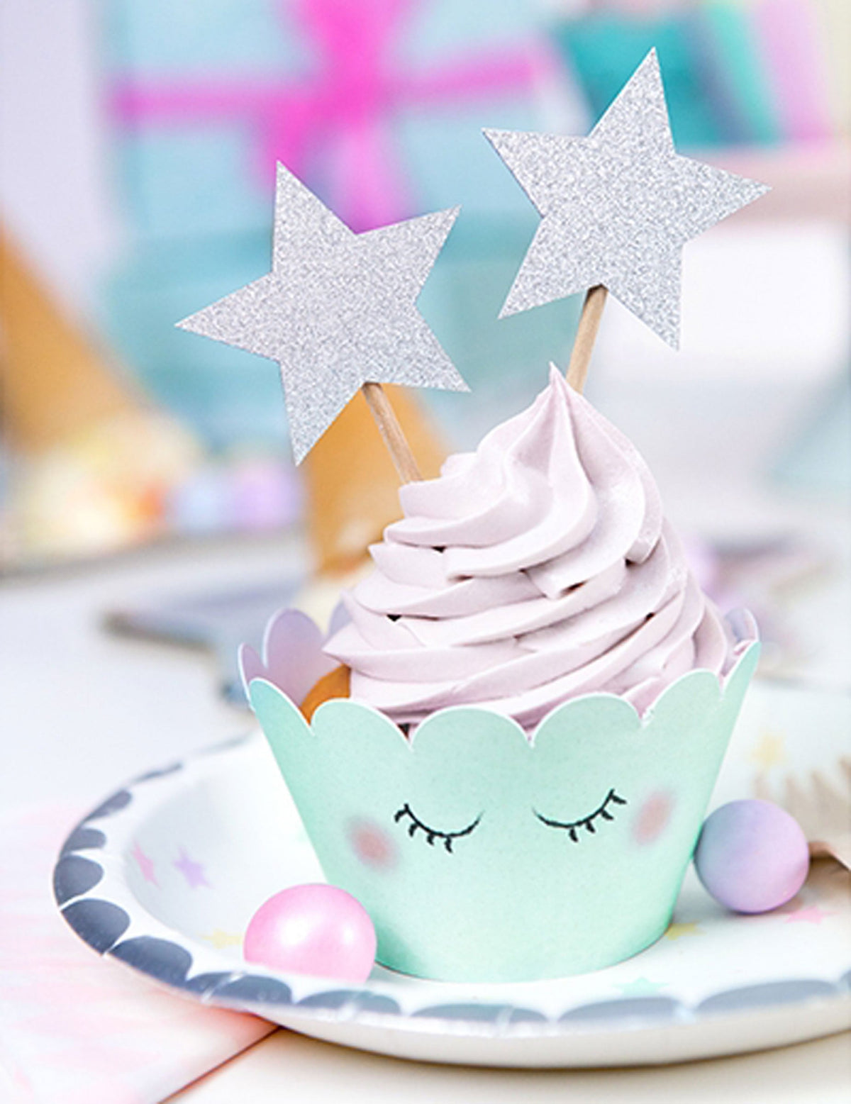 Decoração para bolo em palito estrela para aniversário prateado com purpurina