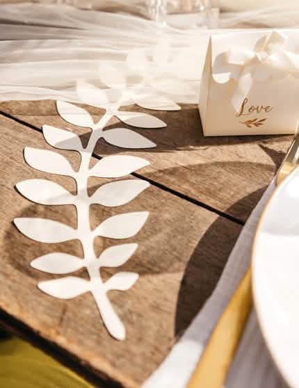 Mise en situation sur table des feuilles fougères et eucalyptus pour décoration