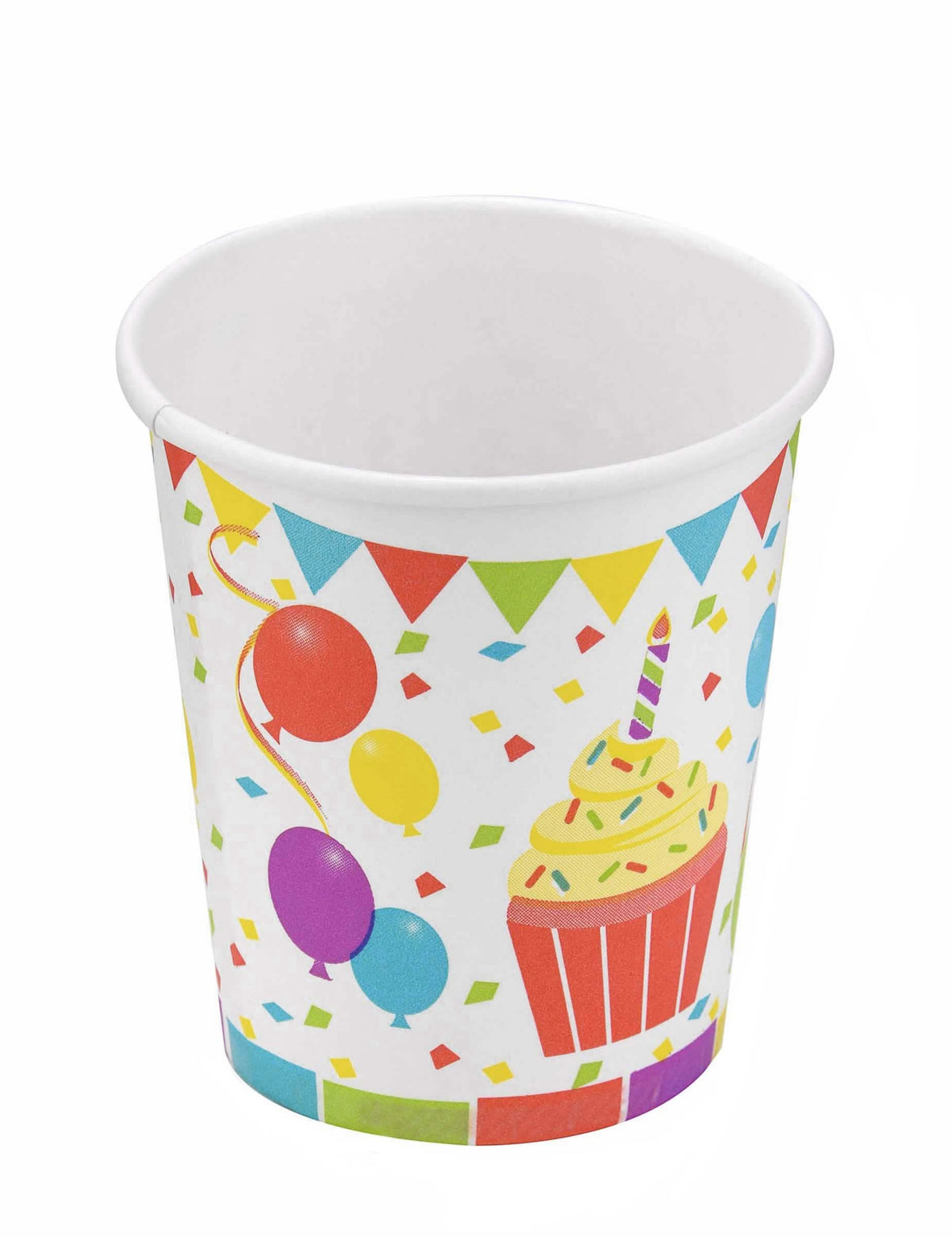 Copo de cartão balões de aniversário e cupcakes para aniversário multicores