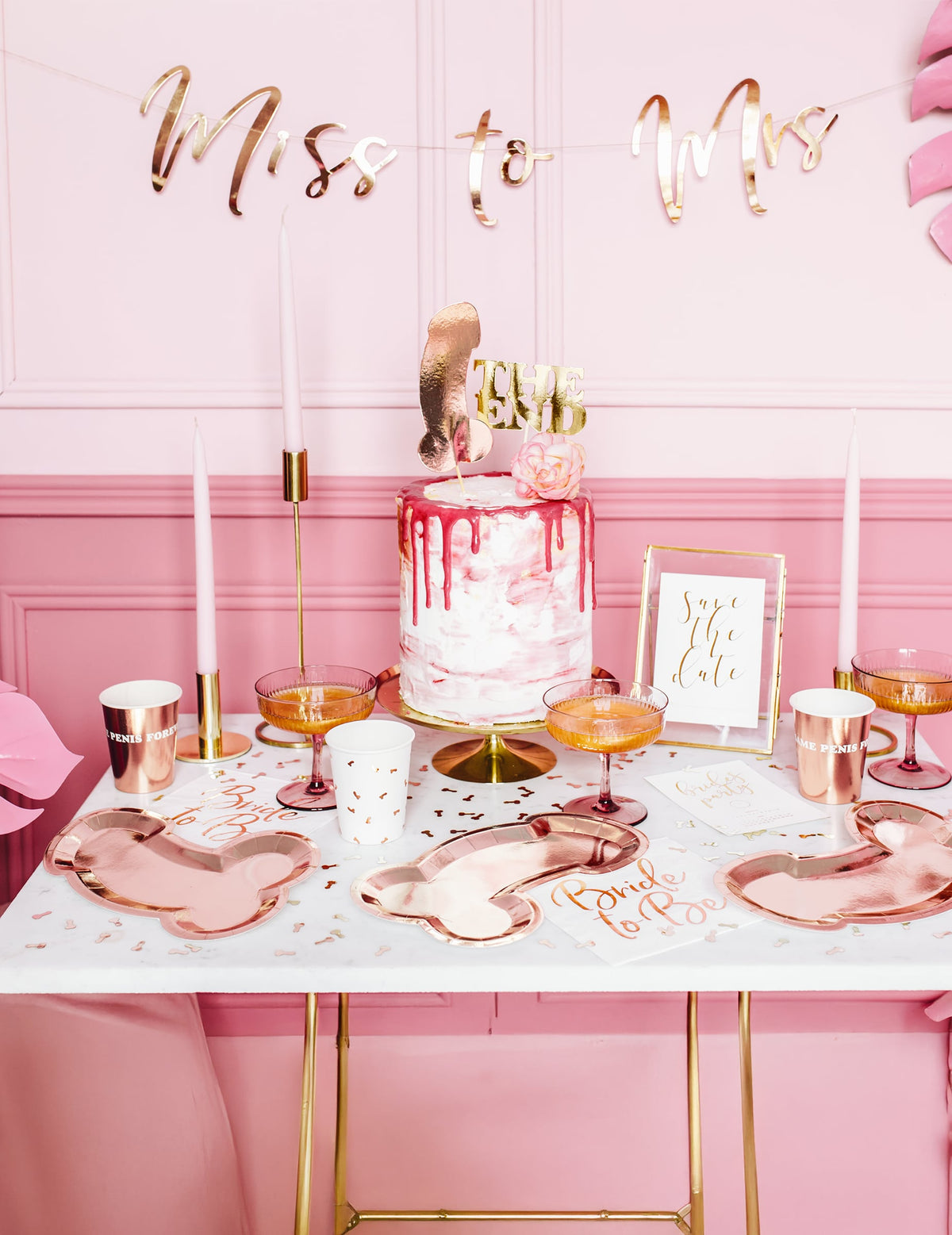 Encenação de mesa de festa com copos de cartão Same penis forever