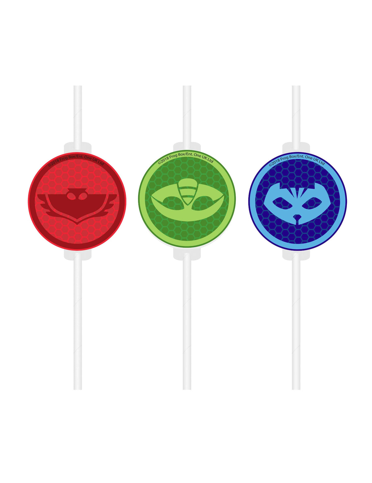 Pailles médaillon en carton Pyjamasques pour enfant multicolores rouge vert et bleu