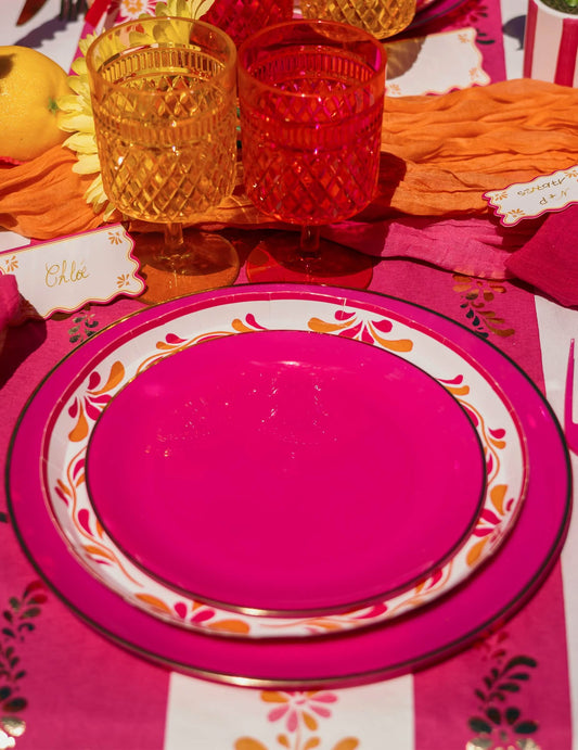 6 Pratos pequenos reutilizáveis em plástico rosa e dourado 19 cm