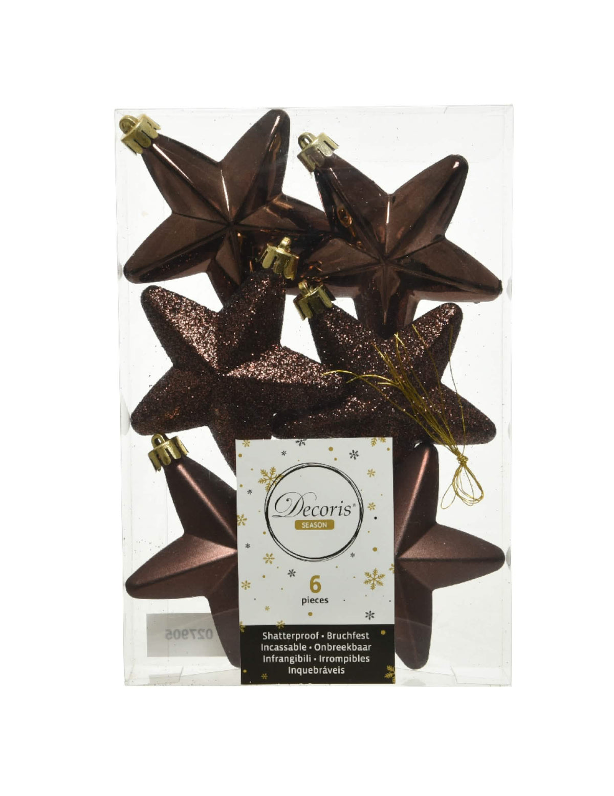 Vista da embalagem das 6 suspensões estrelas para árvore de Natal chocolate cintilantes e mate