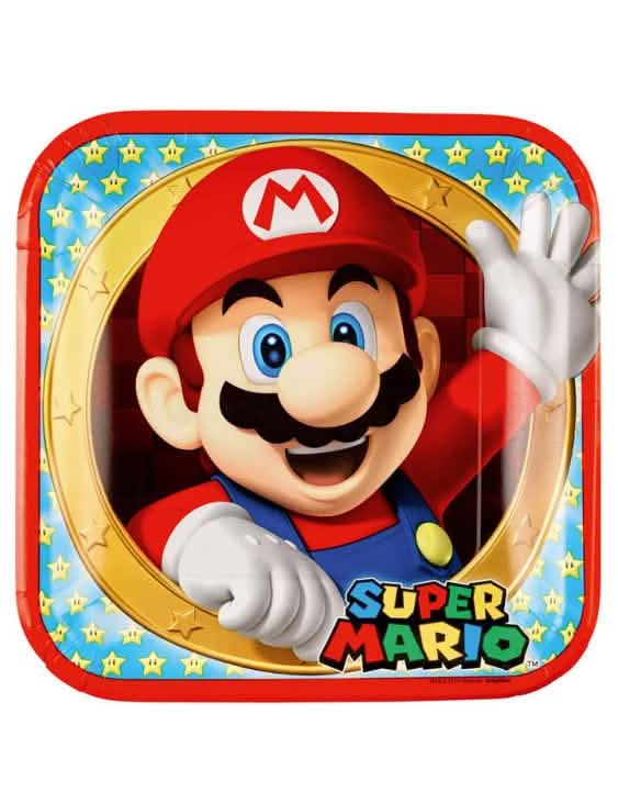 pratos de cartão Super Mario para festa vermelhos e azuis com motivo estrelas