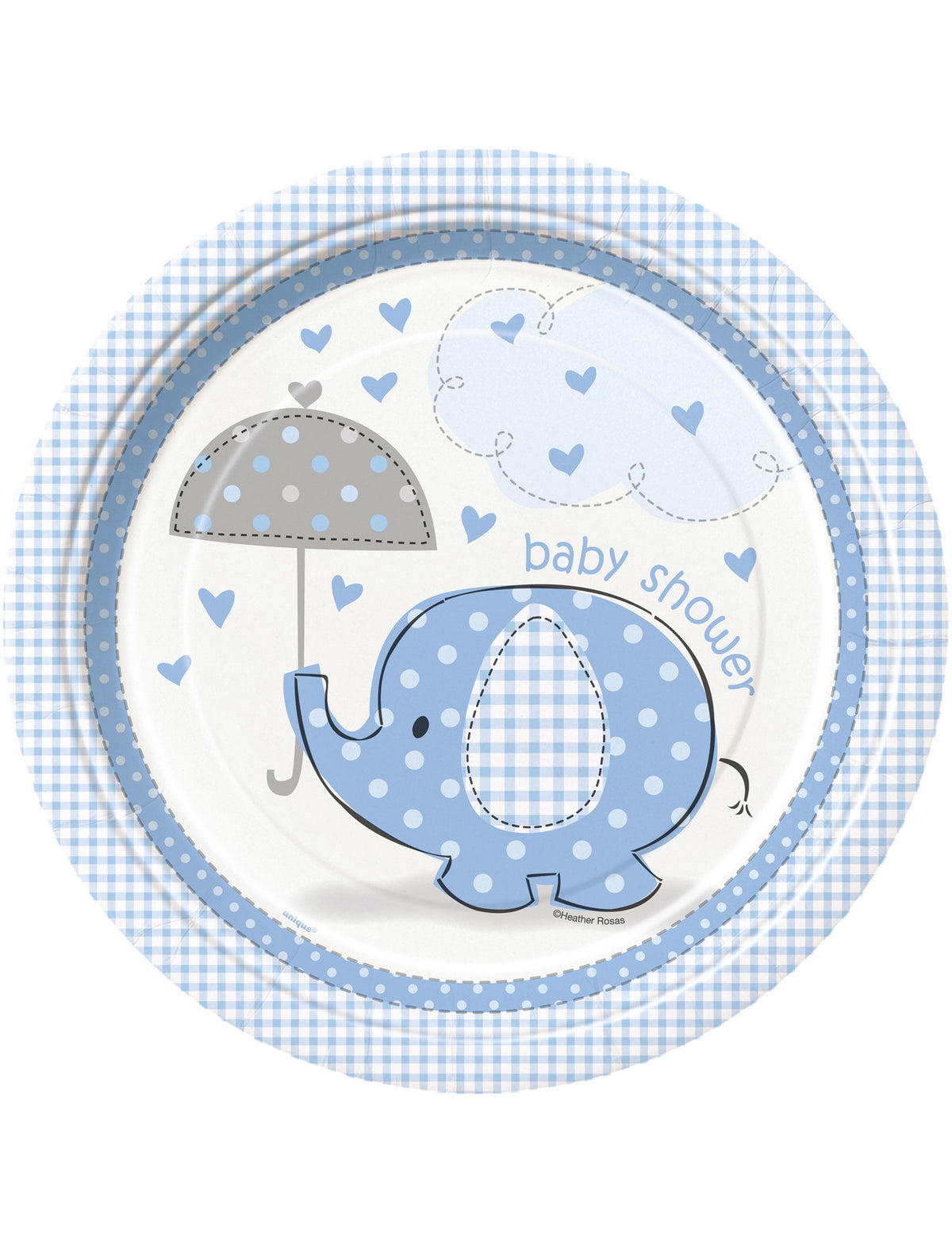 Assiettes en carton éléphant pour baby shower garçon bleu avec motif parapluie