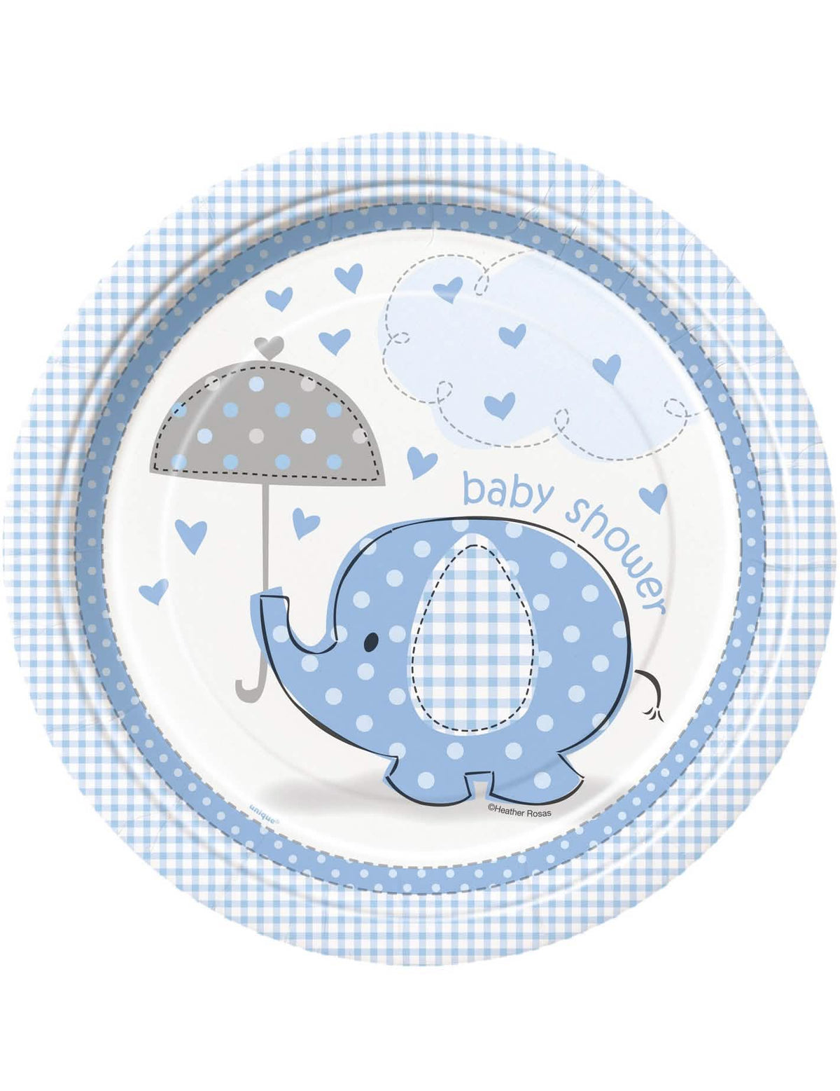 pratos de cartão elefante para baby shower menino azul com padrão de guarda-chuva