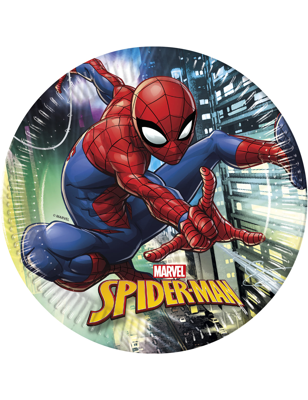 Assiettes en carton Spiderman bleues et rouges avec décor urbain
