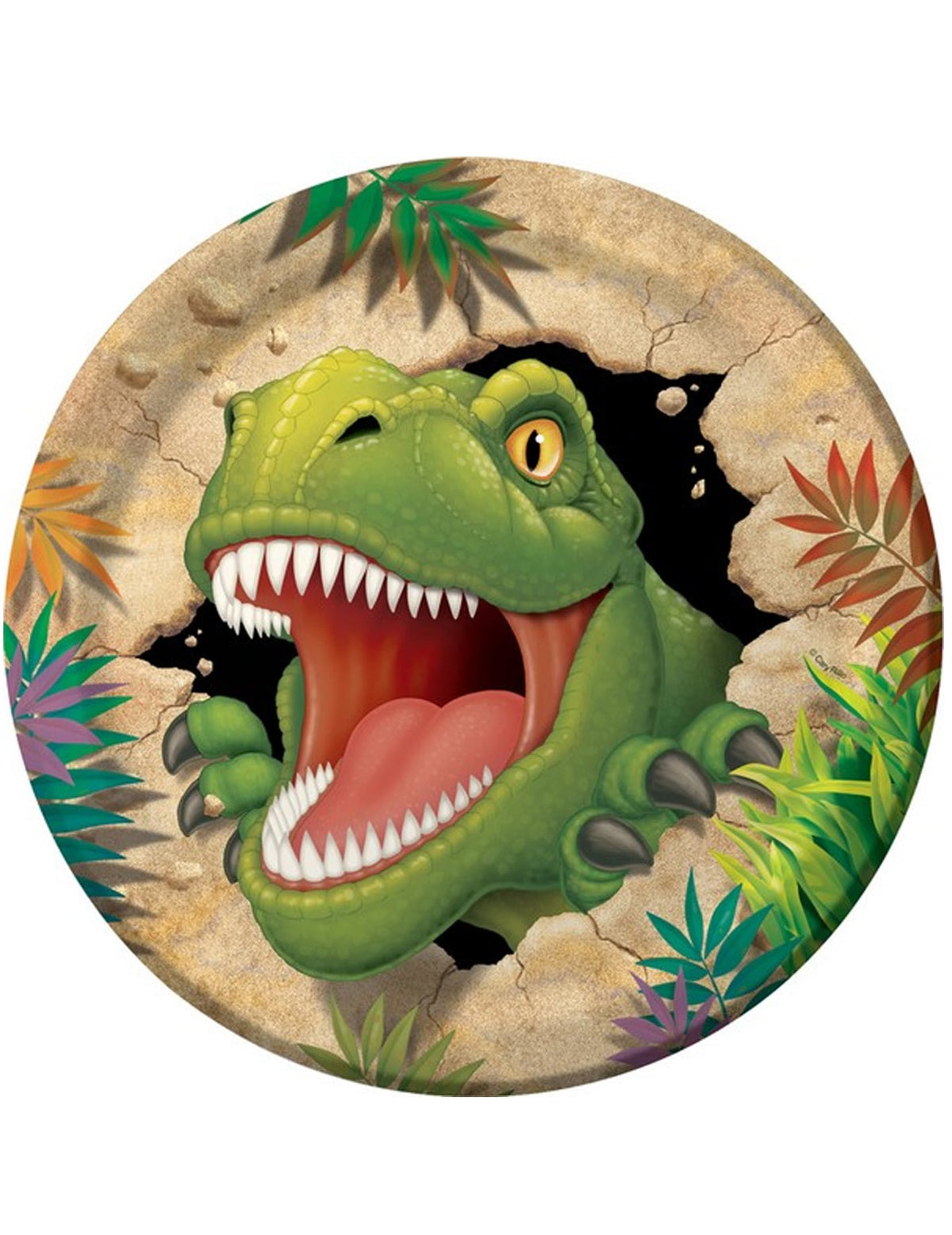 Assiettes en carton Anniversaire Dinosaures vert avec motif de T-Rex à gueule ouverte