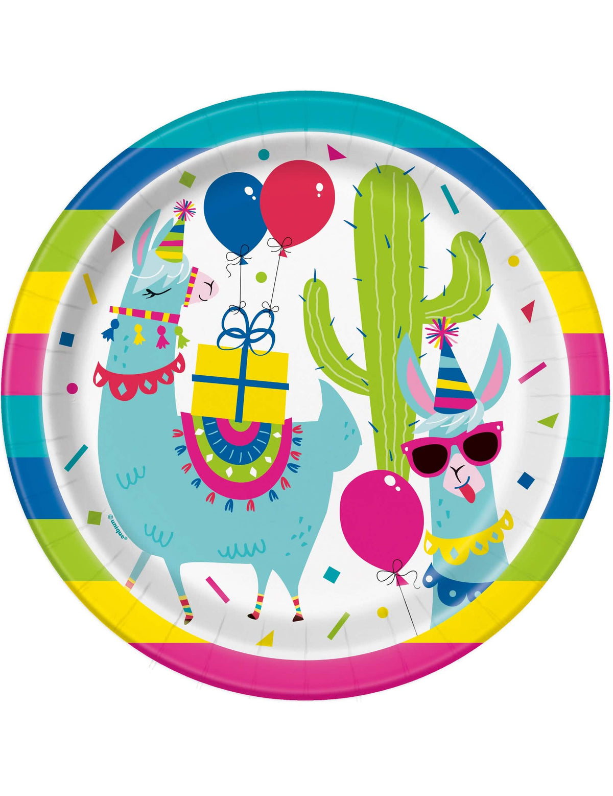 pratos em cartão aniversário lama multicolores com cacto e balões