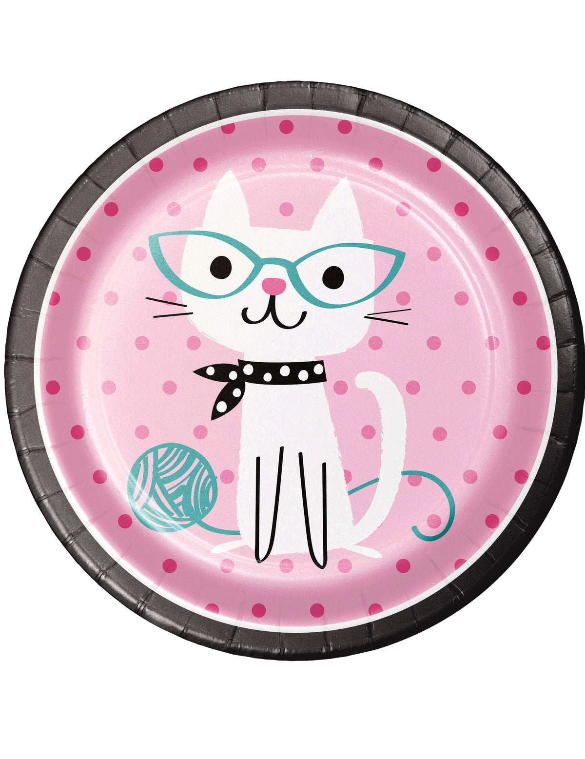 pratos de cartão gato para aniversário cor de rosa às bolinhas com motivo de gato a usar óculos