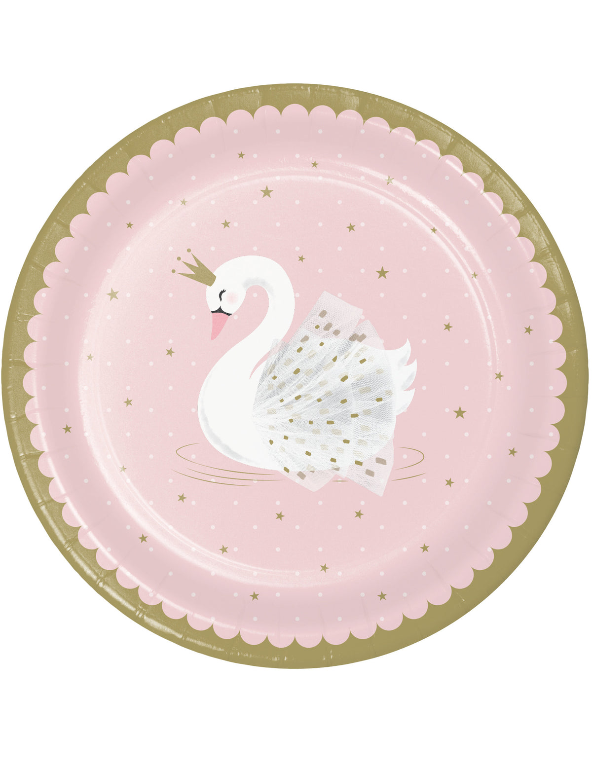 pratos de cartão cisne real para criança cor de rosa e dourado festonados