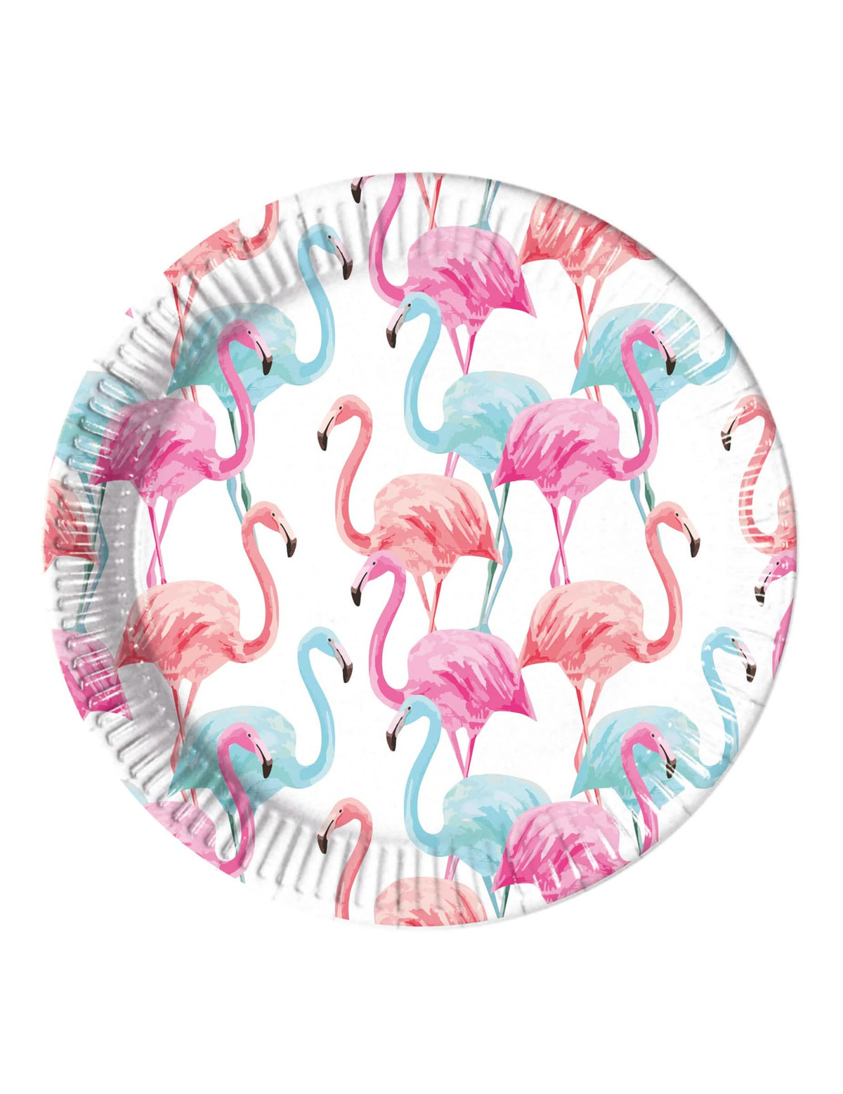 pratos de cartão com flamingos coloridos para festa, rosa e azuis, compostáveis