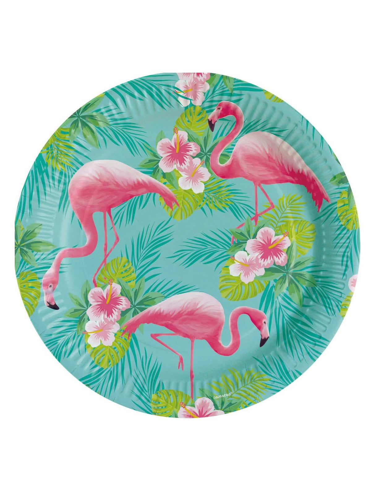 pratos de cartão Flamingo Paradise decoração tropical turquesa com flamingos cor-de-rosa e hibiscos