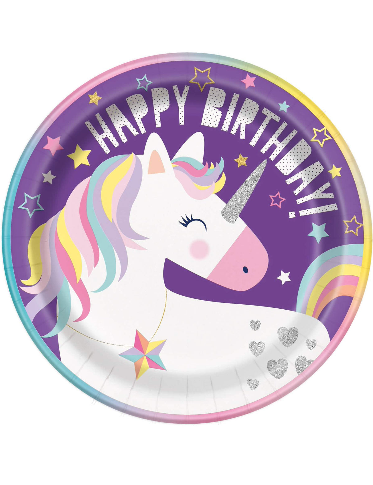 pratos de cartão Happy Birthday unicórnio party para aniversário menina violetas com detalhes com brilhantes