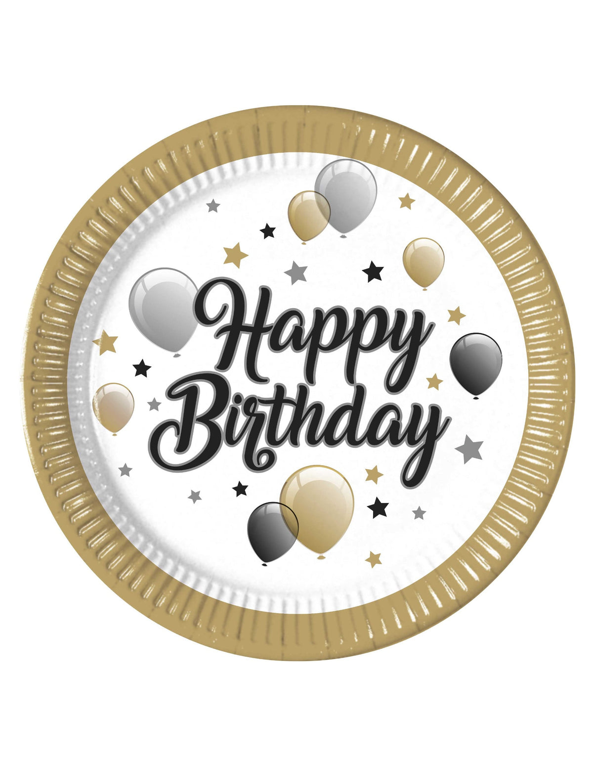 pratos de cartão Happy Birthday para aniversário dourado preto e prateado