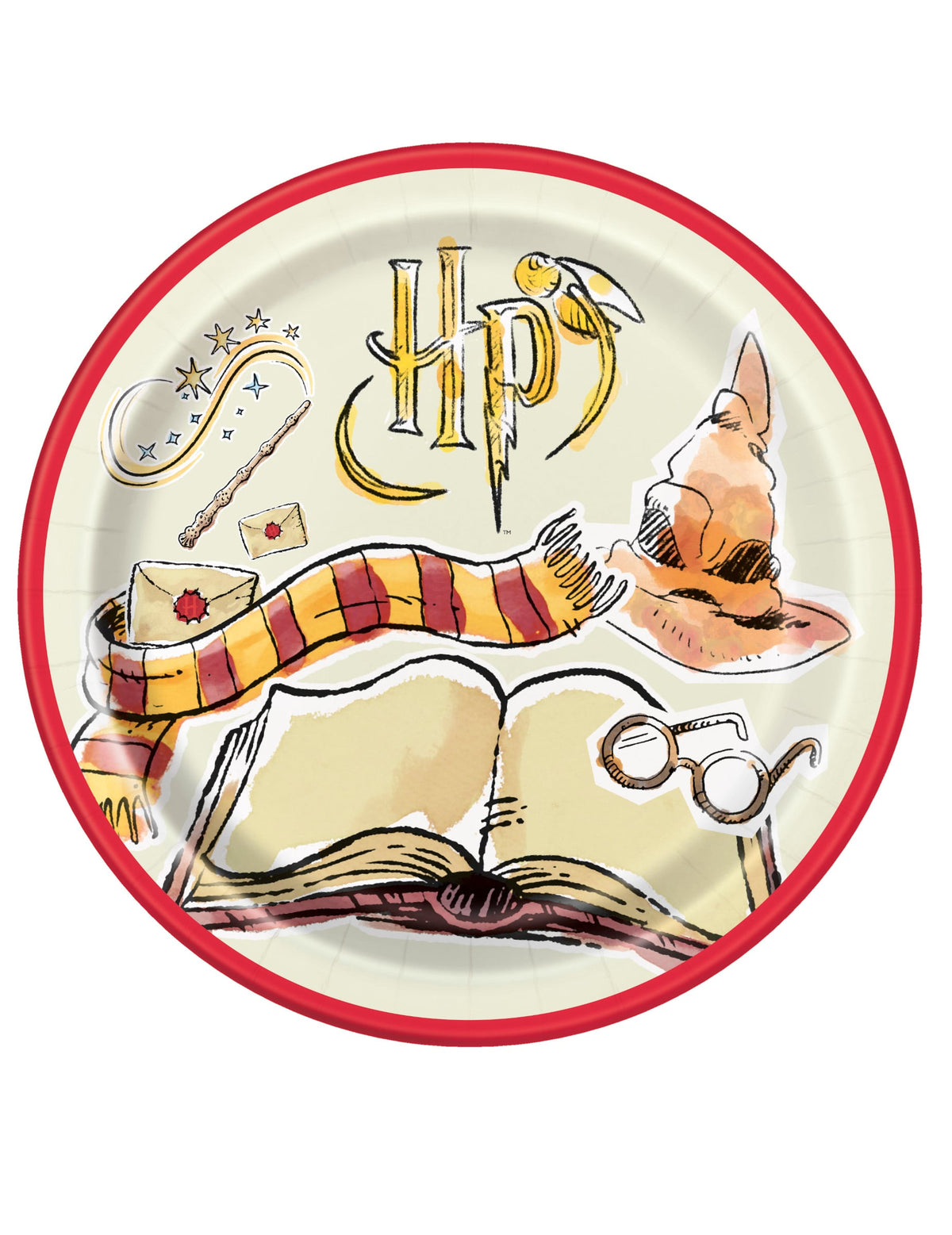Assiettes en carton Harry Potter pour fête crème avec bordure rouge et motifs illustrés