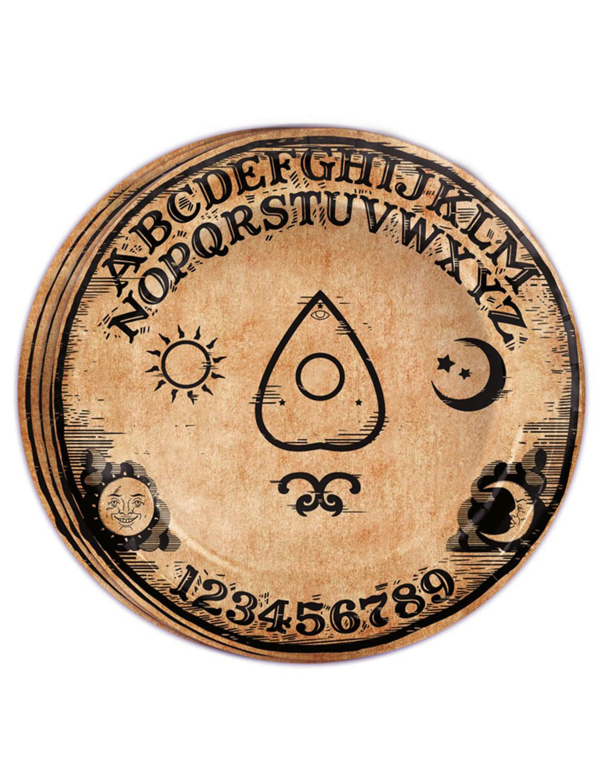 pratos de cartão Ouija para festa castanho e preto estilo pergaminho