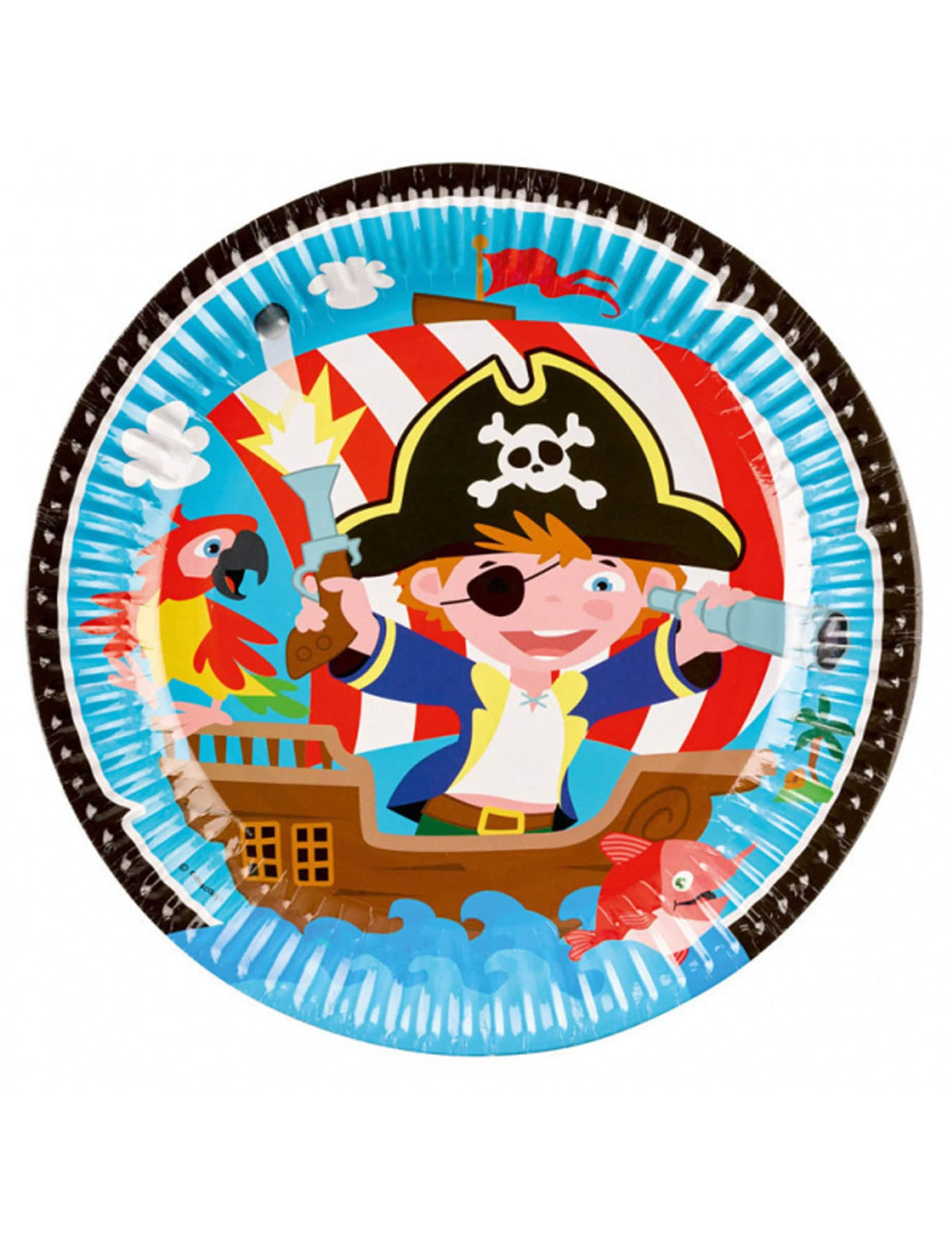pratos de cartão pirata pequeno grumete para aniversário multicoloridos com barco e papagaio