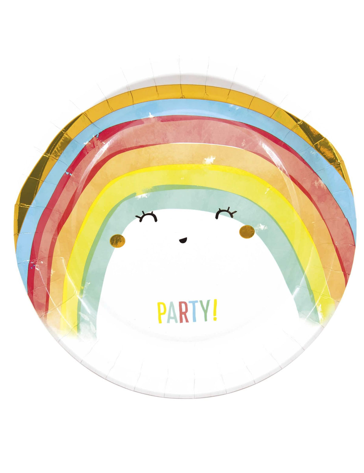 pratos de cartão Rainbow party arco-íris para festa multicoloridos com rosto sorridente e borda dourada