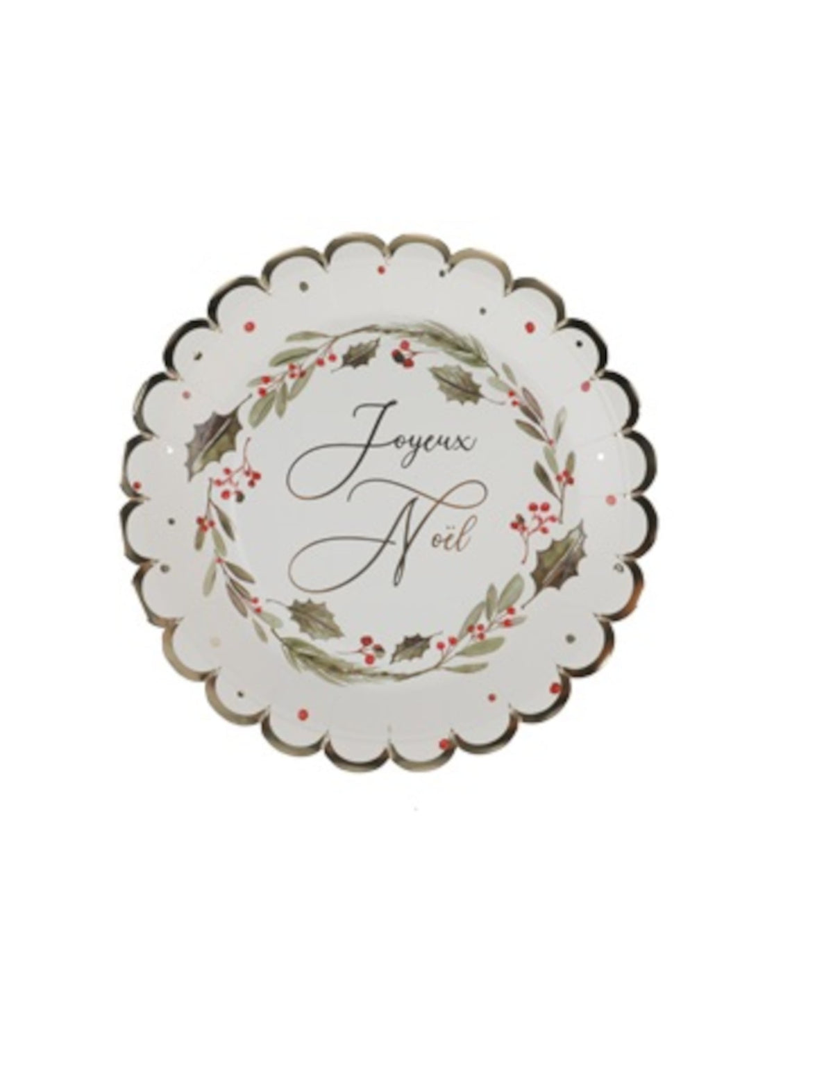 Assiettes Joyeux Noël tradi chic blanches avec motifs de houx et liseré doré