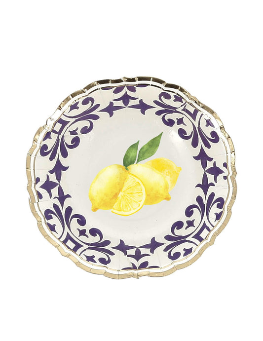 8 tigelas limões cartão azul-royal, amarelo, branco e ouro 13,5cm motivo floral mediterrânico