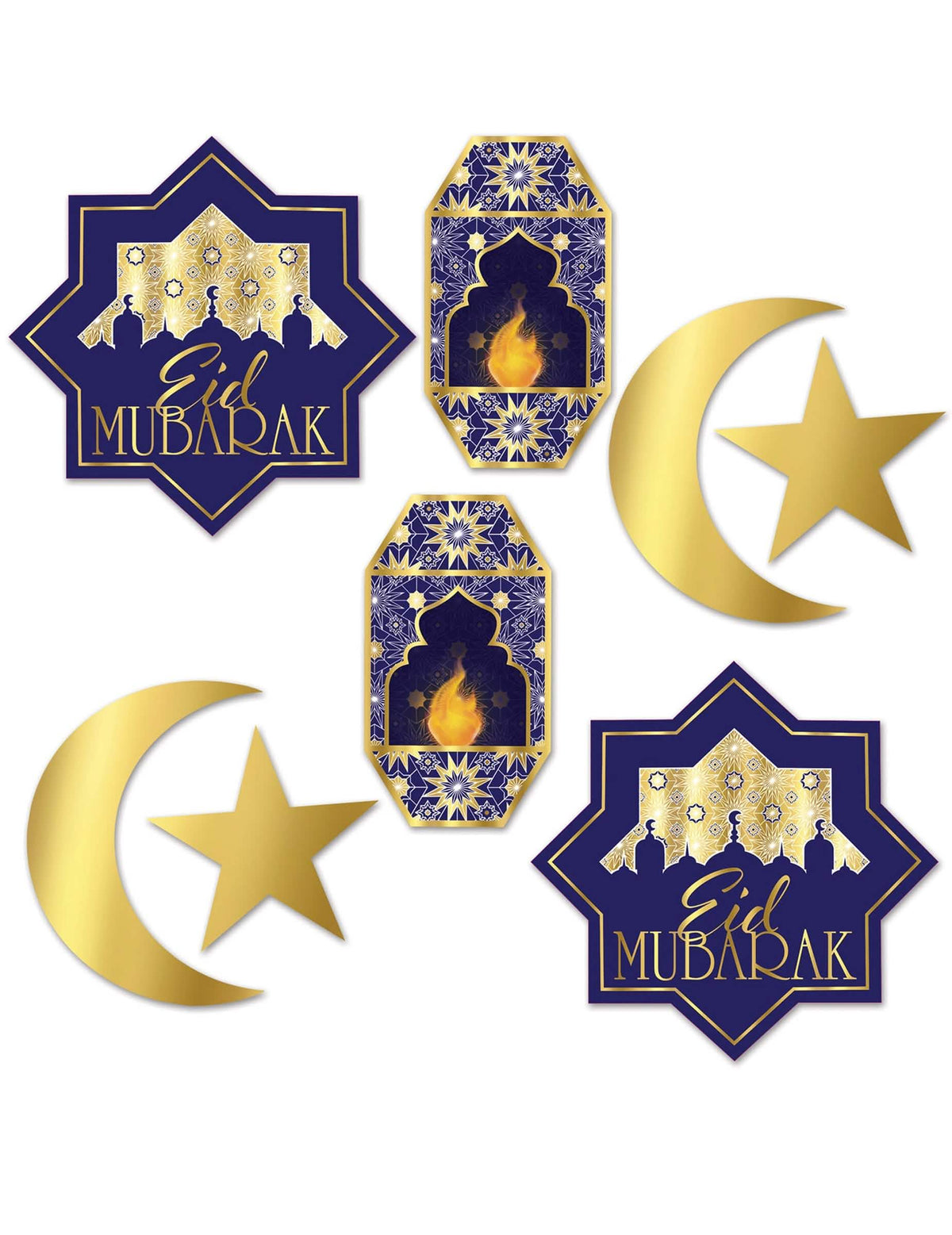 Decorações em cartão de Aïd Mubarak para a festa azuis e dourado com luas e lanternas