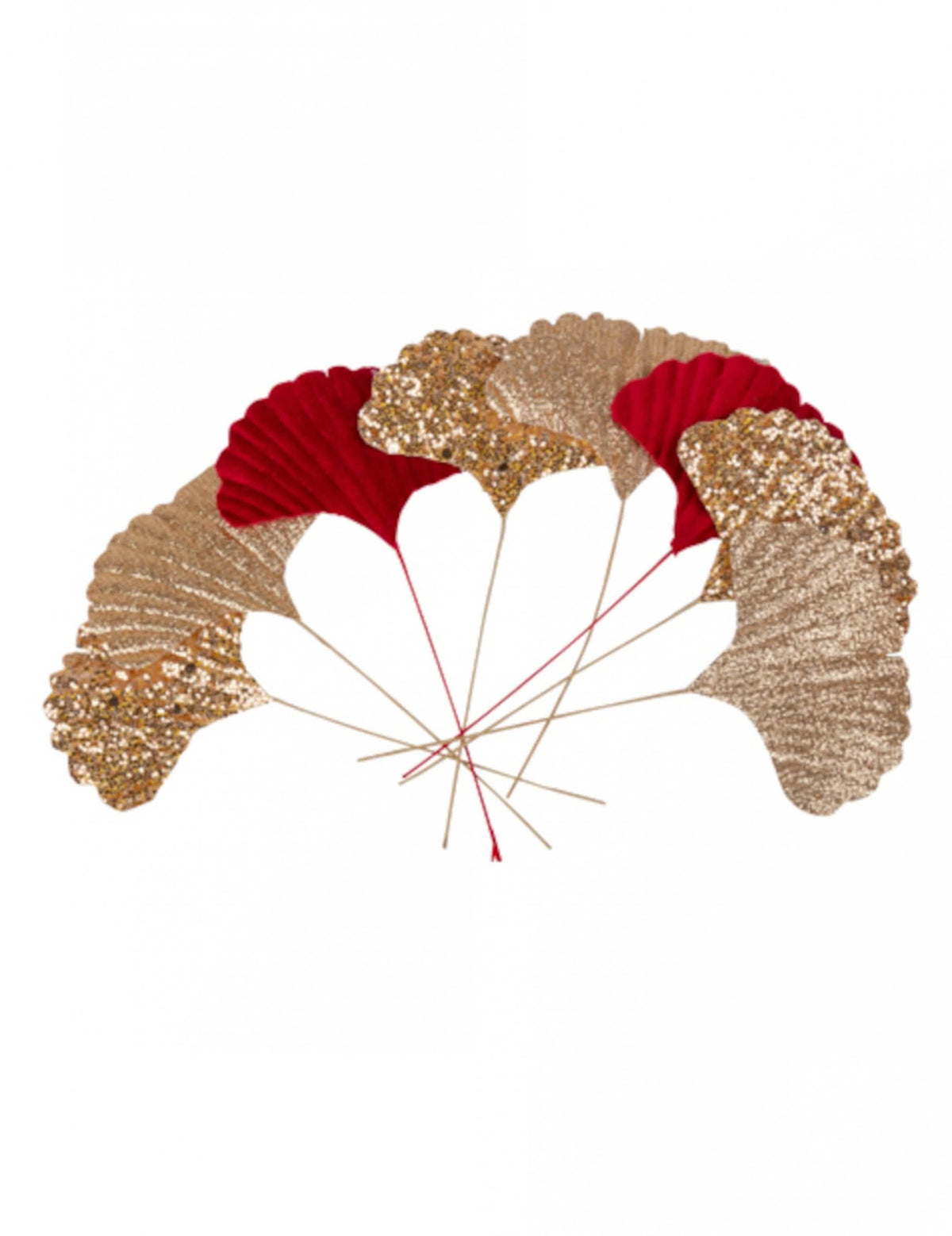 8 folhas de ginkgo vermelho e dourado efeito veludo e lantejoulas