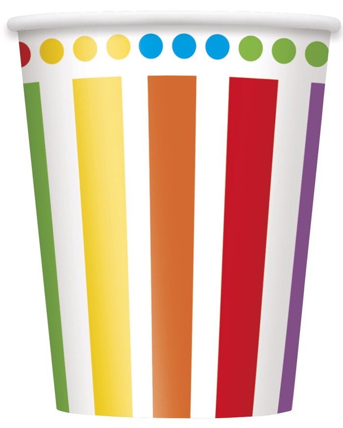Gobelets anniversaire rayé et pois pour fête multicolores en carton
