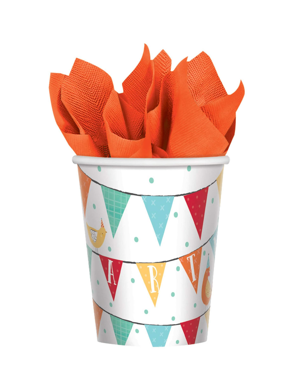 Copos de cartão para a quinta para aniversário brancos com motivos de bandeirolas e pássaros multicoloridos