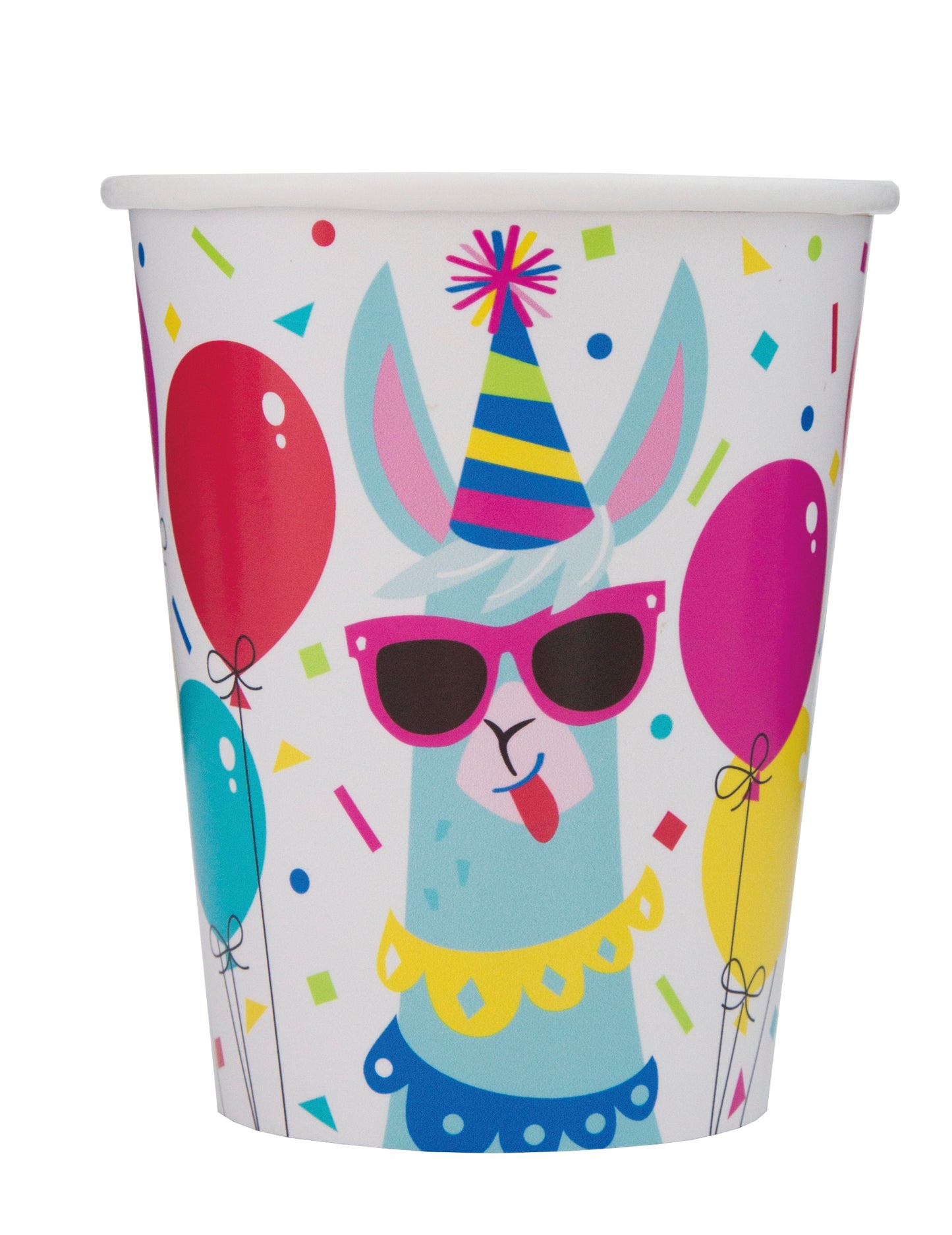 Gobelets en carton anniversaire lama blanc avec motif de lama à lunettes et ballons multicolores