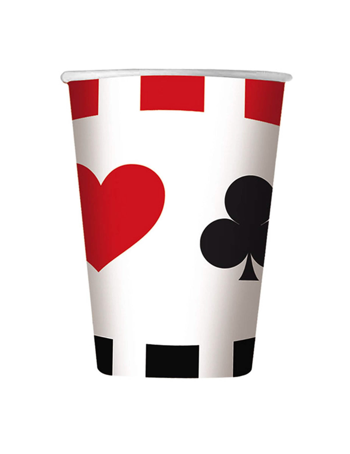Copos de cartão big poker tema casino brancos com motivos de coração e trevo vermelho e preto