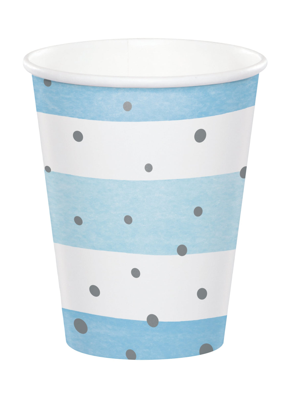 Gobelets en carton à rayures pour fête bleus et blancs à pois argent