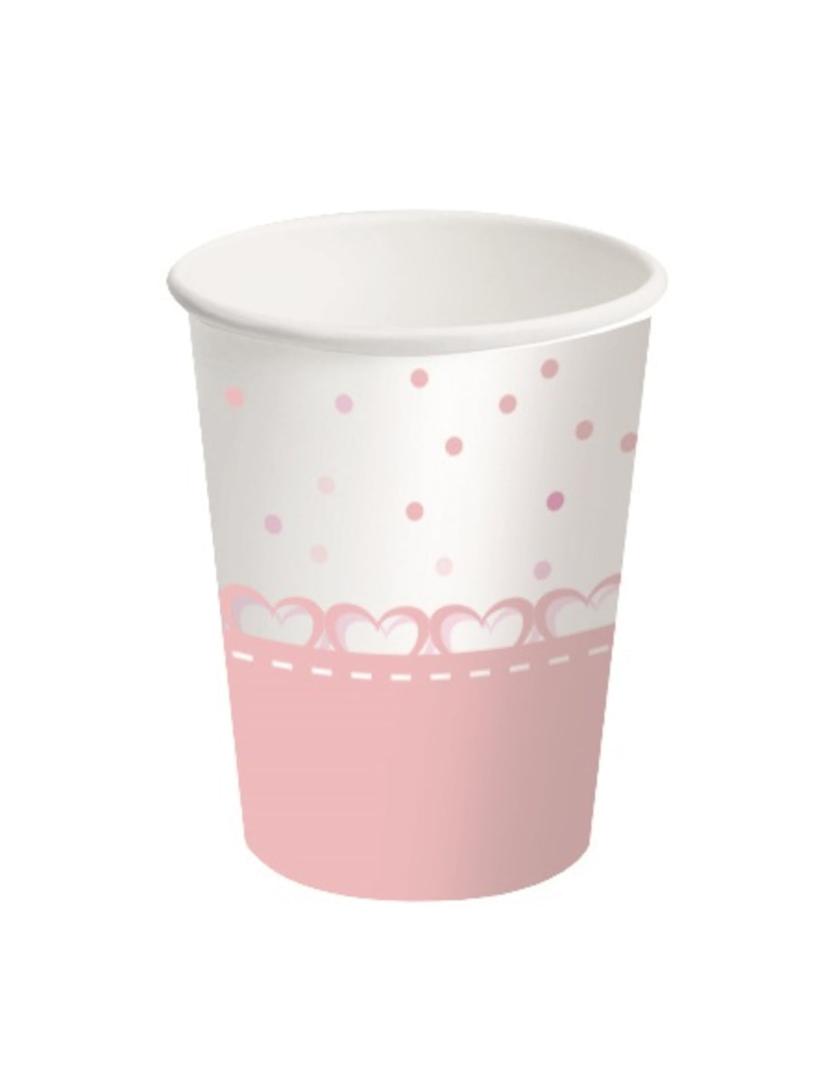 Gobelets en carton cœurs pour fête roses et blancs à pois