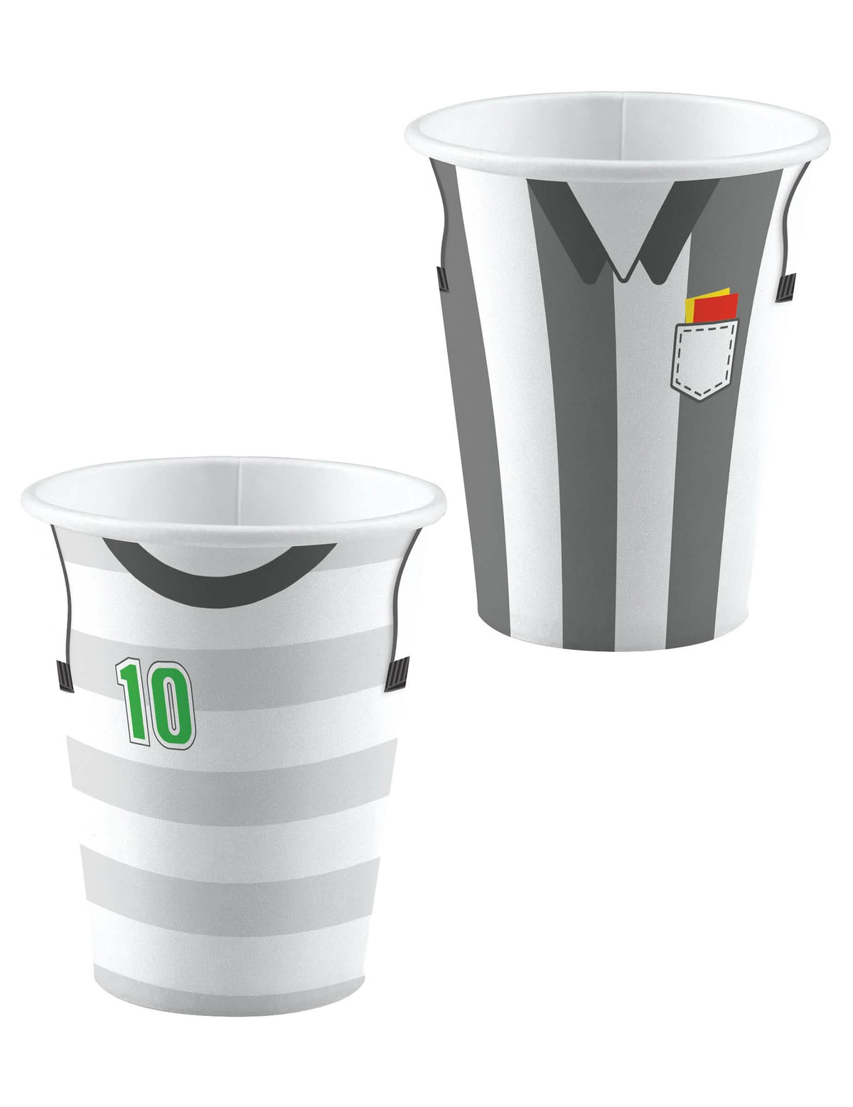 Copos de cartão de Futebol para festa cinzento e branco com padrões de camisolas de jogador e de árbitro