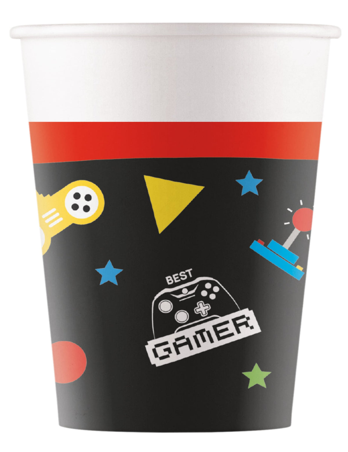 Gobelets en carton Gaming party noir avec motifs manettes et inscription Best Gamer