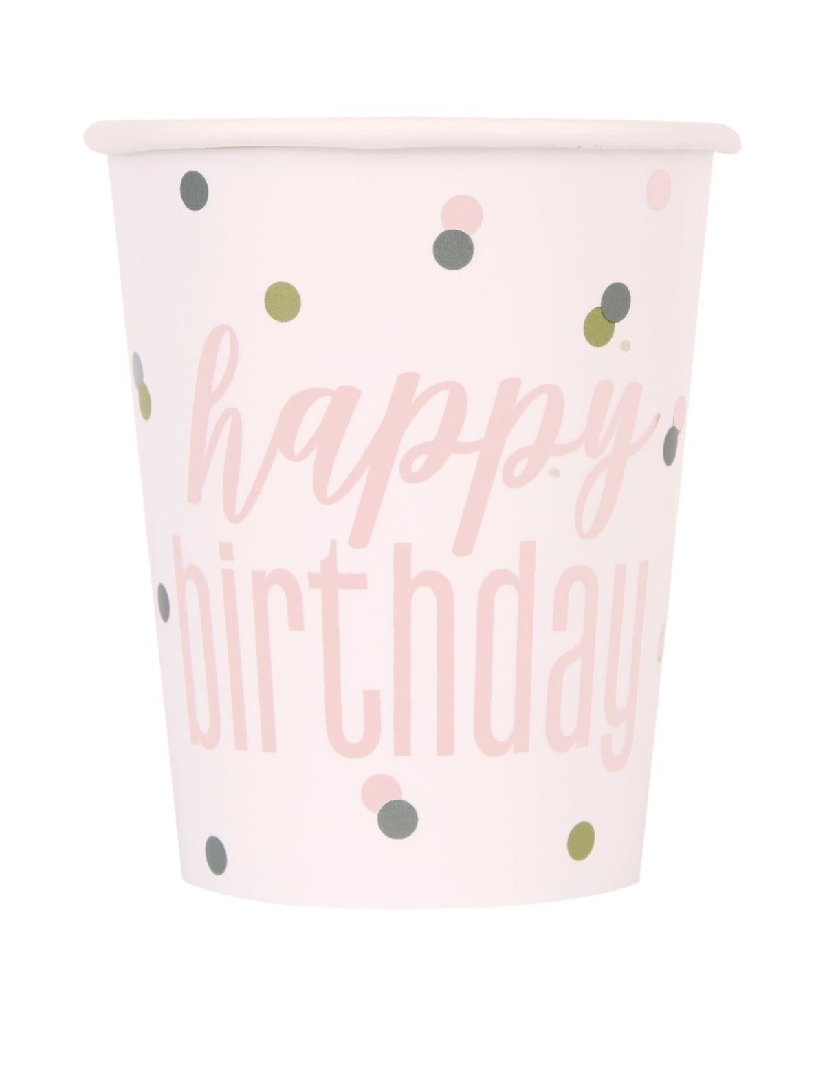 Gobelets en carton Happy Birthday pour anniversaire blancs et roses à pois