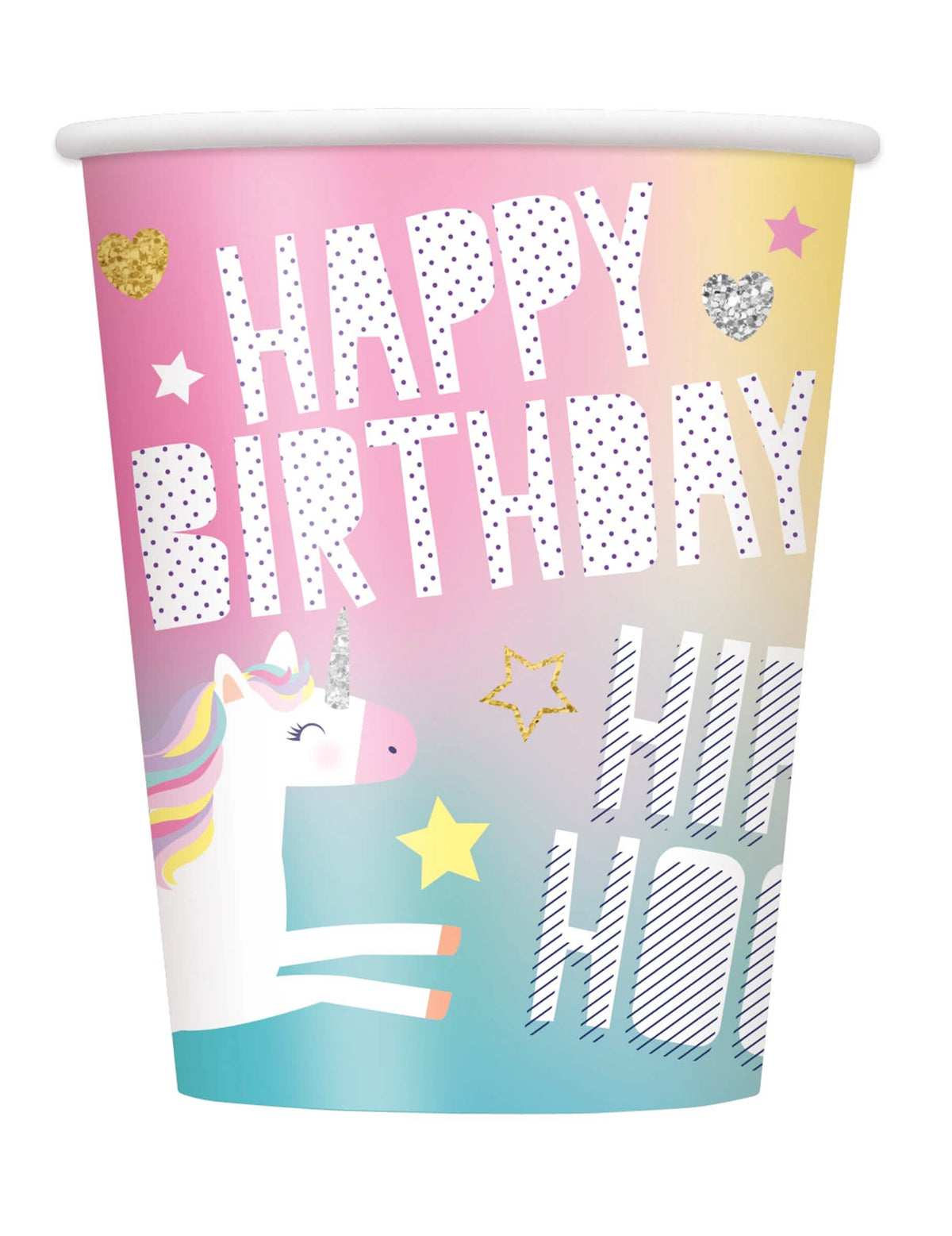 Copos de cartão Happy Birthday unicórnio para festa multicores em tons pastel