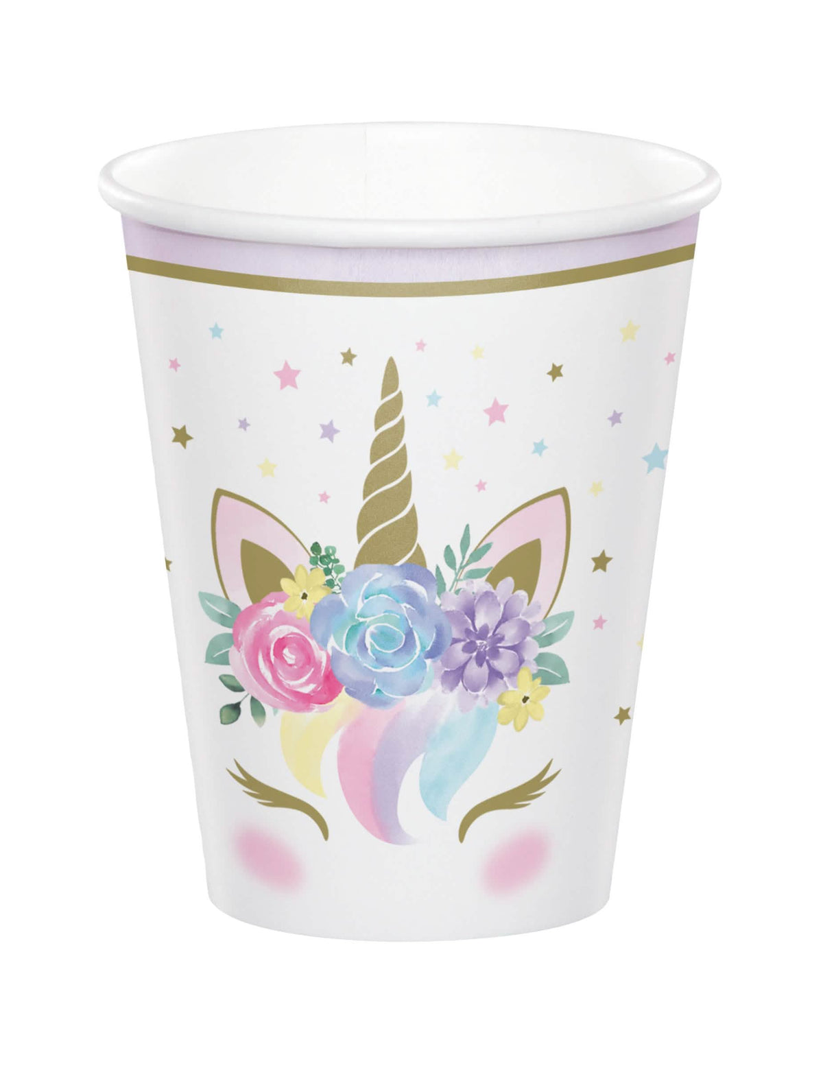 Copos de cartão de unicórnio mágico brancos com flores multicoloridas e estrelas douradas