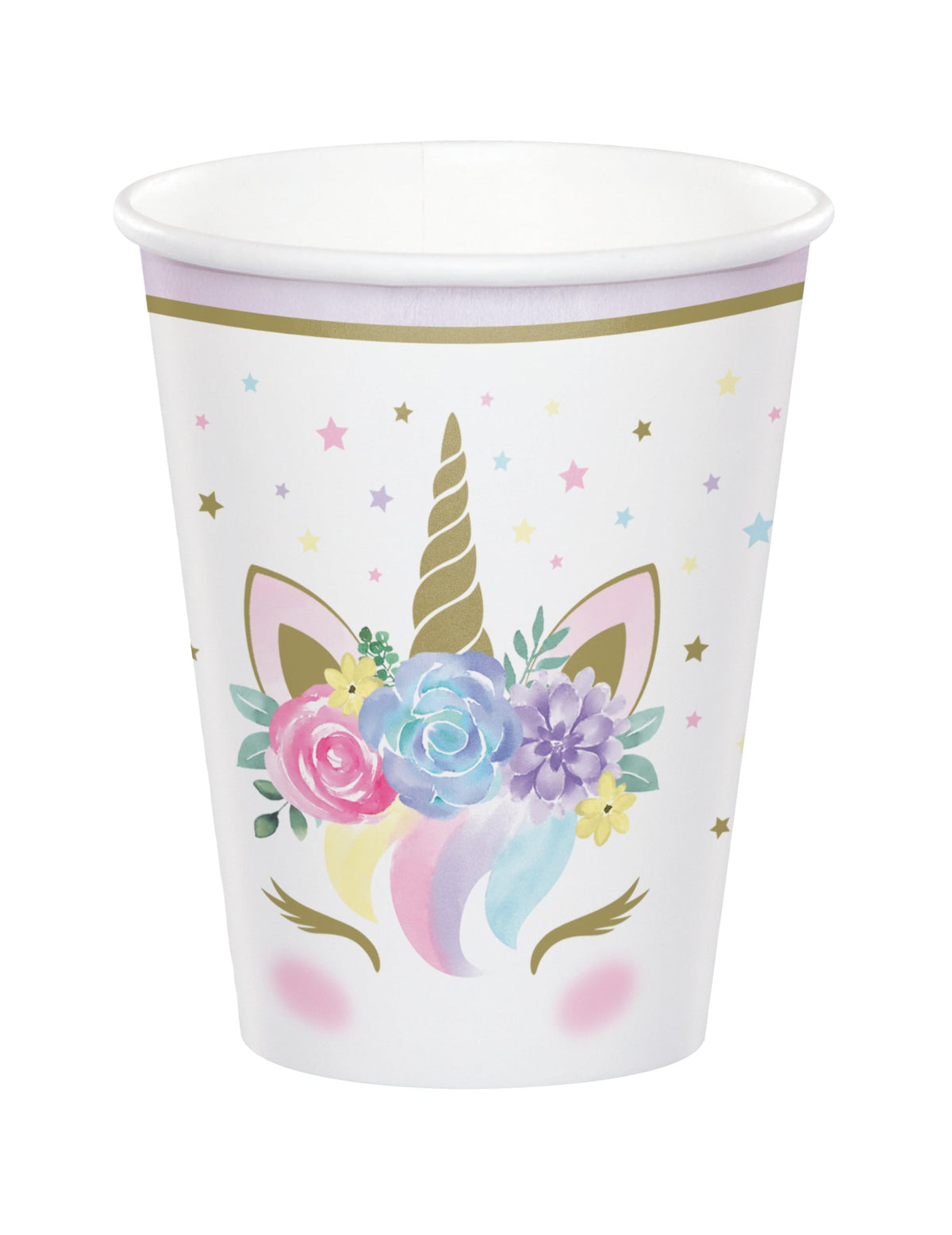 Gobelets en carton licorne féerique blancs avec fleurs multicolores et étoiles dorées