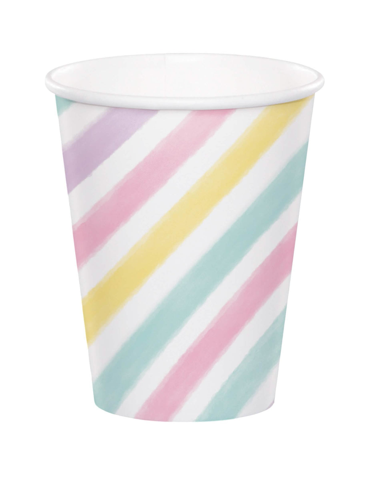 Copo de cartão unicórnio para festa com riscas pastel multicoloridas