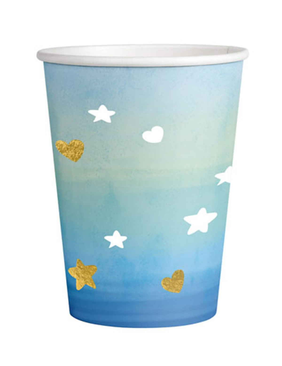 Copos de cartão Oh Baby para baby shower azul e dourado com corações e estrelas dourados