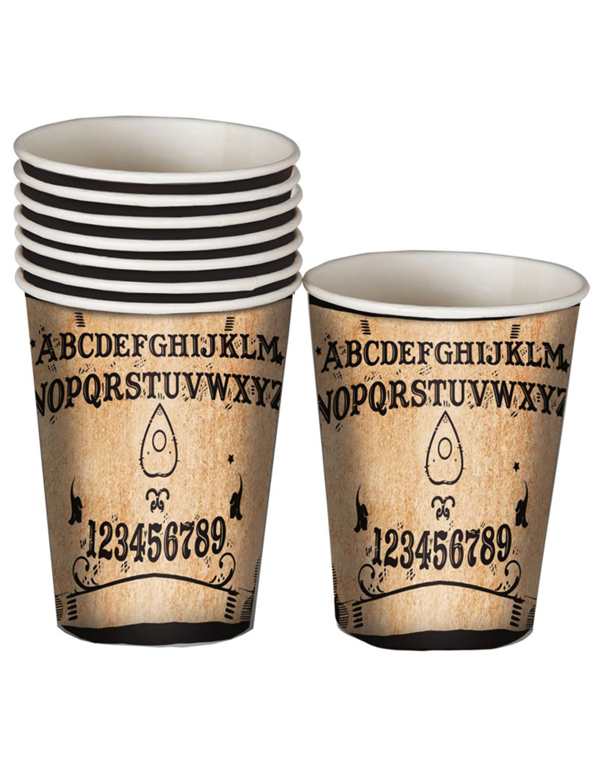 Copos de cartão Ouija para festa bege e preto aspeto de pergaminho antigo