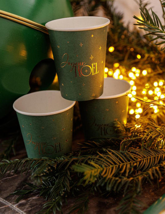 8 copos Feliz Natal intemporal verde inglês e dourado 25,5 cl