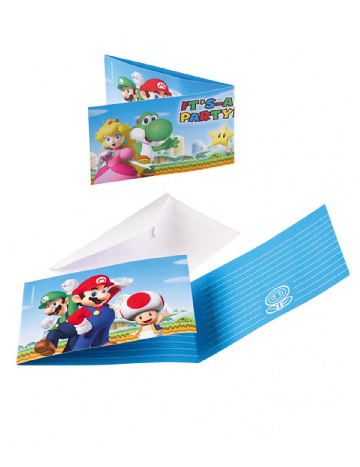 Convites e envelopes Super Mario para criança azuis com personagens e envelopes brancos