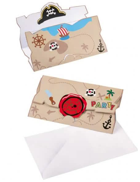 Convites e envelopes Pirata para criança castanho com mapa do tesouro