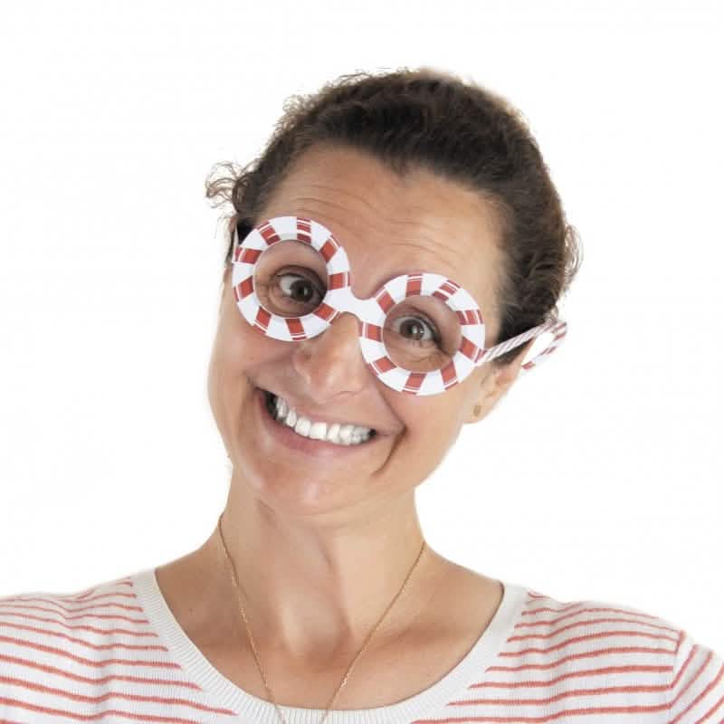 Par de óculos redondos às riscas vermelhas e brancas, modelos 8, em cartão, divertidos Sweety Xmas para natal